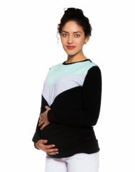 Be MaaMaa Těhotenské, kojící tričko/mikina Karen, černá-šedo/mátové pruhy | Velikosti těh. moda: L (