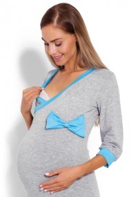 Pohodlná těhotenská, kojící noční košile s mašlí - šedá 