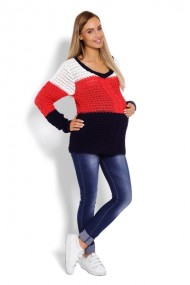 Těhotenský proužkovaný svetřík - červená/granát, vzor: copánek | Velikosti těh. moda: UNI