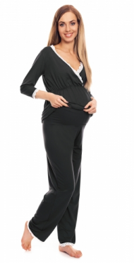 Be MaaMaa Těhotenské, kojící pyžamo s krajkovým lemováním - grafitové | Velikosti těh. moda: L/XL