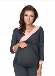 Be MaaMaa Těhotenské, kojící pyžamo 3/4 - grafit/ růžové lemování | Velikosti těh. moda: L/XL