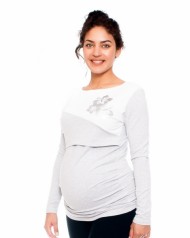 Těhotenské/kojící triko - květy , dlouhý rukáv, šedo/bílé | Velikosti těh. moda: S (36)