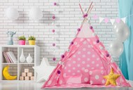 Stan pro děti teepee, týpí s výbavou - Puntíky, 120x120x180 cm, růžovo/bílý