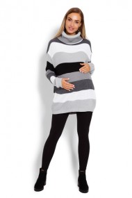Delší, proužkovaný těhotenský svetřík , rolák - šedé pruhy | Velikosti těh. moda: UNI
