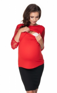 Be MaaMaa Těhotenské a kojící tričko, dl. rukáv - krajkový, červené | Velikosti těh. moda: L/XL