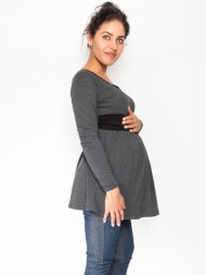 Těhotenská tunika s páskem, dlouhý rukáv Amina - grafit/pásek černý 