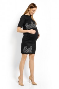 Elegantní těhotenské šaty, tunika s výšivkou, kr. rukáv - grafit,šedá nitka (kojící) | Velikosti těh