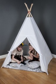 Stan pro děti teepee, týpí s výbavou - béžový/mini hvězdičky bílé na šedém