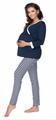Be MaaMaa Těhotenské, kojící pyžamo dl. rukáv - granátovo/bílé proužky | Velikosti těh. moda: L/XL