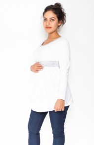 Těhotenská tunika s páskem, dlouhý rukáv Amina - bílá/pásek šedý 