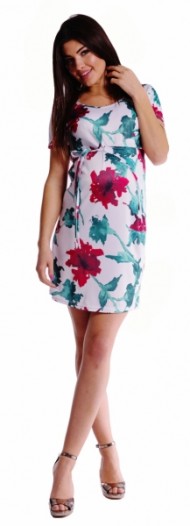 Těhotenské šaty s vázáním s květinovým potiskem - červené | Velikosti těh. moda: M (38)