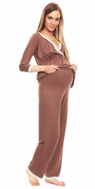 Be MaaMaa Těhotenské, kojící pyžamo s krajkovým lemováním - cappucino | Velikosti těh. moda: S/M