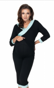 Be MaaMaa Těhotenské, kojící pyžamo 3/4 - černé, zelené lemování | Velikosti těh. moda: L/XL