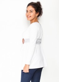 Těhotenská tunika s páskem, dlouhý rukáv Amina - bílá/pásek šedý 