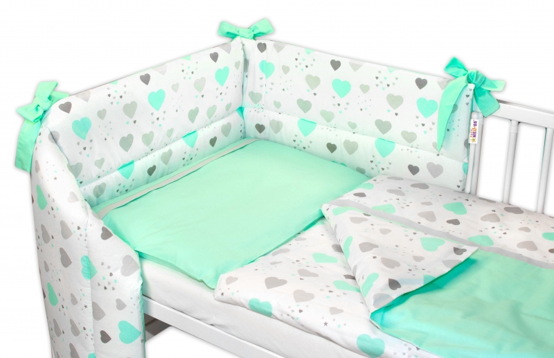 3-dílná sada mantinel s povlečením Baby Nellys - Srdíčka a hvězdičky, mátová | Velikost povlečení: 1 3-dílná sada mantinel s povlečením Baby Nellys - Srdíčka a hvězdičky, mátová | Velikost povlečení: 1
