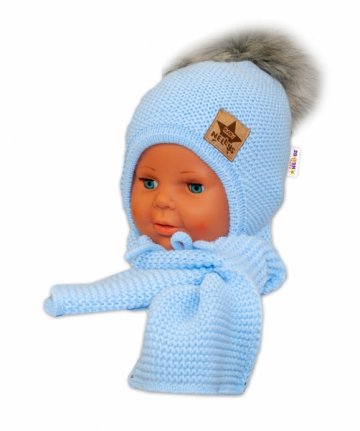 BABY NELLYS Zimní čepička s šálou - chlupáčková bambulka - sv. modrá/šedá | Velikost koj. oblečení: 