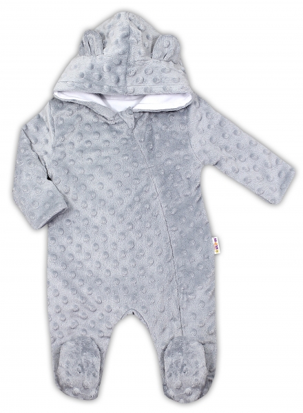 Baby Nellys Kombinézka/overálek MINKY s kapucí a oušky - šedá Baby Nellys Kombinézka/overálek MINKY s kapucí a oušky - šedá