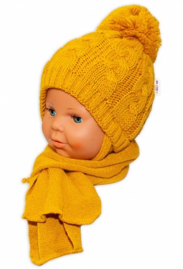 BABY NELLYS Zimní pletená čepička s šálou Baby Bear - hořčicová s bambulkou | Velikost koj. oblečení