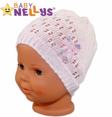 Háčkovaná čepička Mašle Baby Nellys ® - s flitry - sv. růžová 