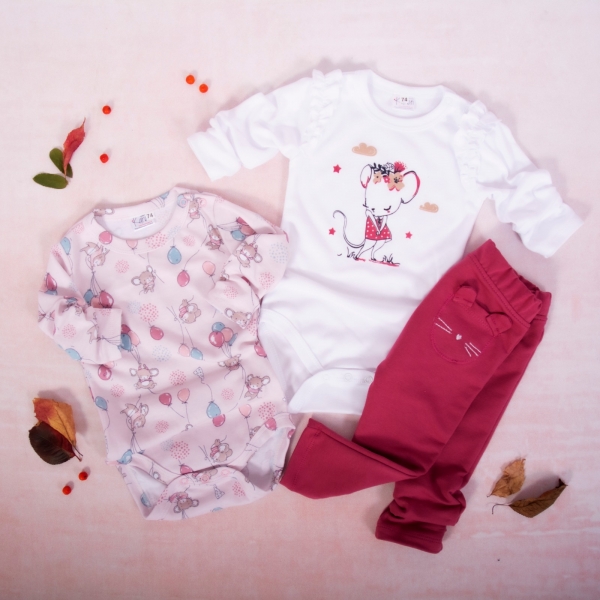 K-Baby 3 dílná sada - 2x body dl. rukáv,legíny, Myška K-Baby 3 dílná sada - 2x body dl. rukáv,legíny, Myška