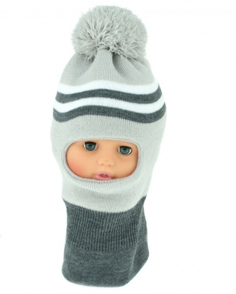 BABY NELLYS Zimní čepička/kukla s bambuli - sv. sv. šedá s proužky BABY NELLYS Zimní čepička/kukla s bambuli - sv. sv. šedá s proužky