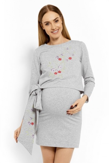 Elegantní těhotenské šaty, tunika s výšivkou a stuhou - sv. šedé (kojící) 