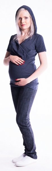Těhotenské a kojící triko s kapucí, kr. rukáv - jeans | Velikosti těh. moda: L/XL