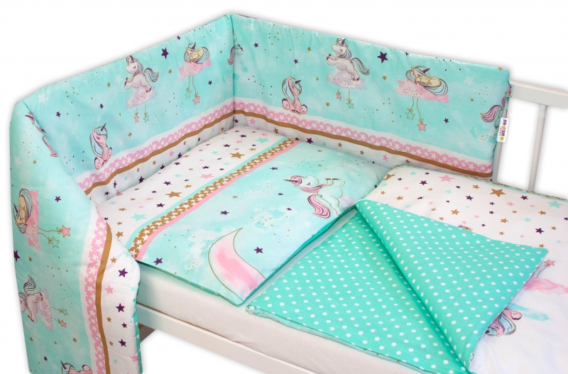 Baby Nellys 3-dílná sada - mantinel s povlečením Jednorožec - mátová | Velikost povlečení: 135x100 Baby Nellys 3-dílná sada - mantinel s povlečením Jednorožec - mátová | Velikost povlečení: 135x100