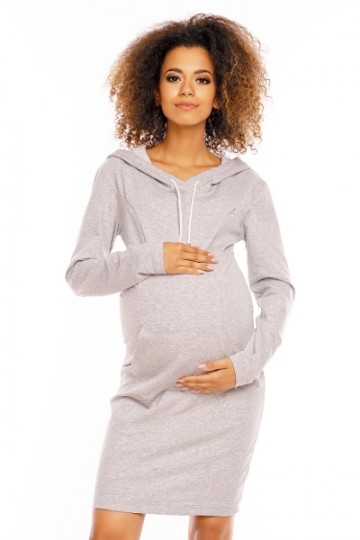 Těhotenské a kojící šaty s kapucí, dl. rukáv - šedé 