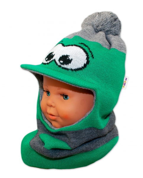 BABY NELLYS Zimní čepička/kukla s kšiltem a bambuli - zelená s očima BABY NELLYS Zimní čepička/kukla s kšiltem a bambuli - zelená s očima