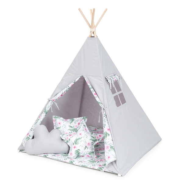 Stan pro děti teepee, týpí bez výbavy - šedý / růžová zahrada Stan pro děti teepee, týpí bez výbavy - šedý / růžová zahrada