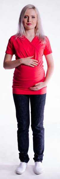 Těhotenské a kojící triko s kapucí, kr. rukáv - červené 