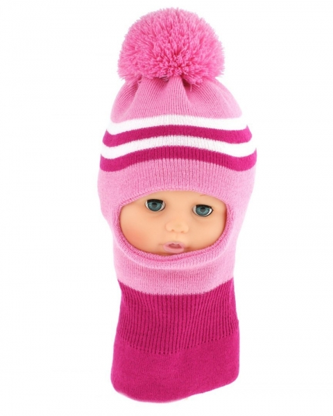 BABY NELLYS Zimní čepička/kukla s bambuli - růžová s proužky BABY NELLYS Zimní čepička/kukla s bambuli - růžová s proužky