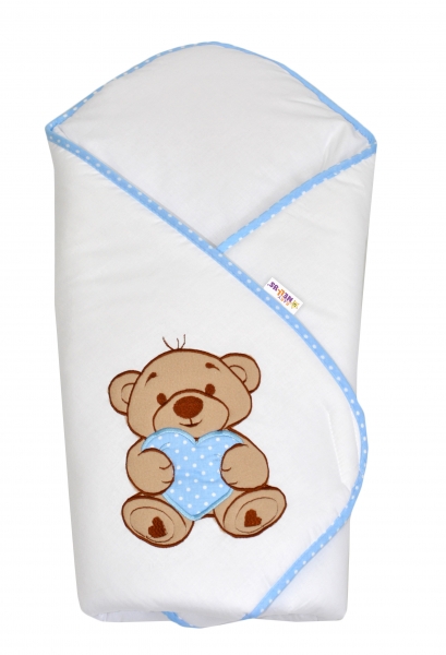 Zavinovačka s výšivkou Baby Nellys ®- Medvídek se srdíčkem - modrý lem Zavinovačka s výšivkou Baby Nellys ®- Medvídek se srdíčkem - modrý lem