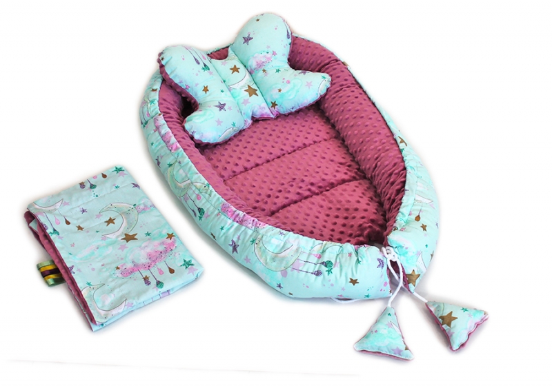 Sada komplet Baby Nellys, oboustranné hnízdečko, 60x90cm - Noční obloha, minky vínová Sada komplet Baby Nellys, oboustranné hnízdečko, 60x90cm - Noční obloha, minky vínová