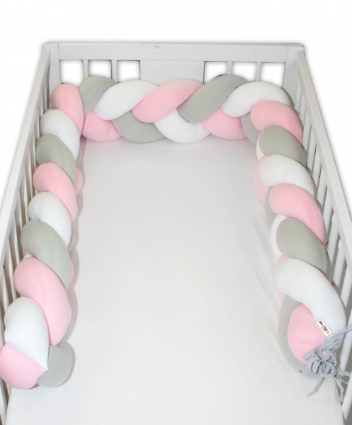 Mantinel Baby Nellys pletený cop - růžová, bílá, šedá | Rozměry: 200x16 Mantinel Baby Nellys pletený cop - růžová, bílá, šedá | Rozměry: 200x16